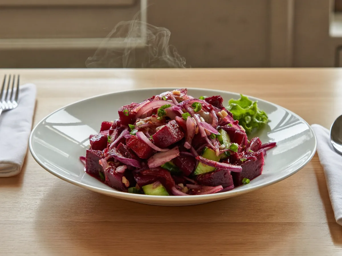 Салат из жареной свеклы с луком и огурцами