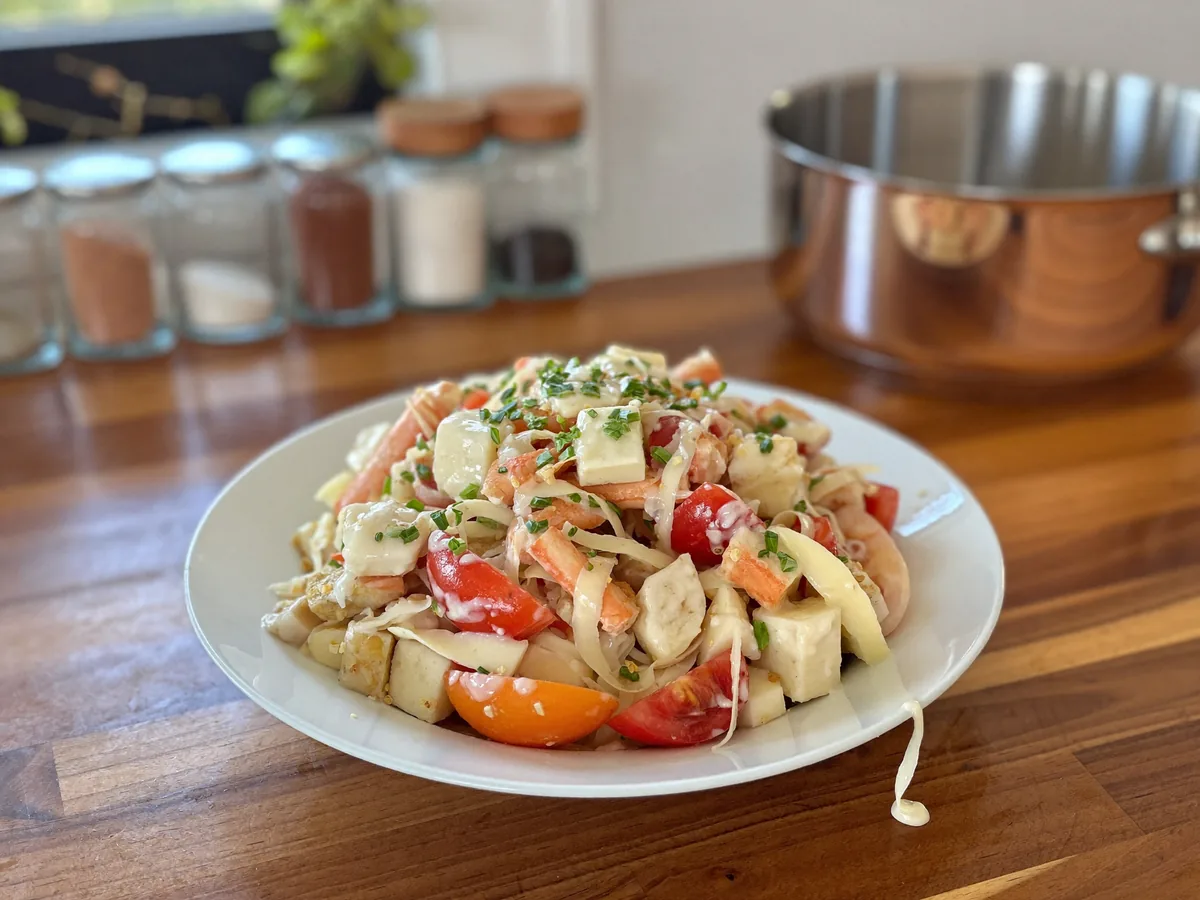 Салат Красное море с сыром и крабовыми палочками смешанный