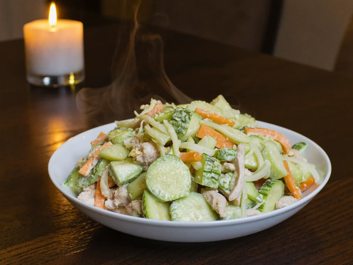 Салат Обжорка классический с курицей и солеными огурцами