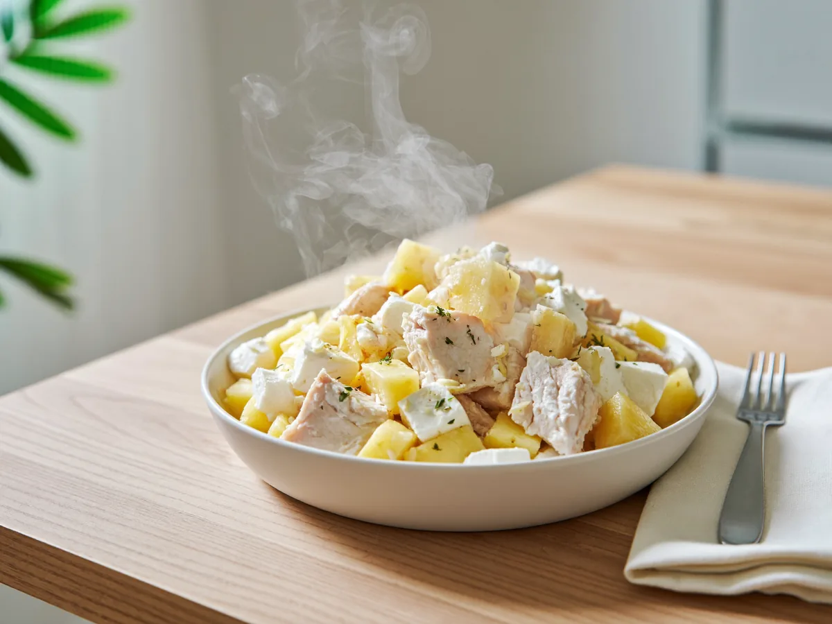 Салат с ананасом и курицей и сыром с чесноком