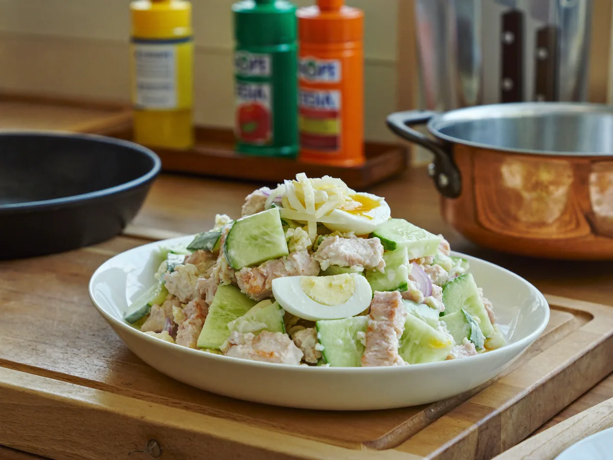 Салат с белым куриным мясом, огурцом и яичными блинчиками