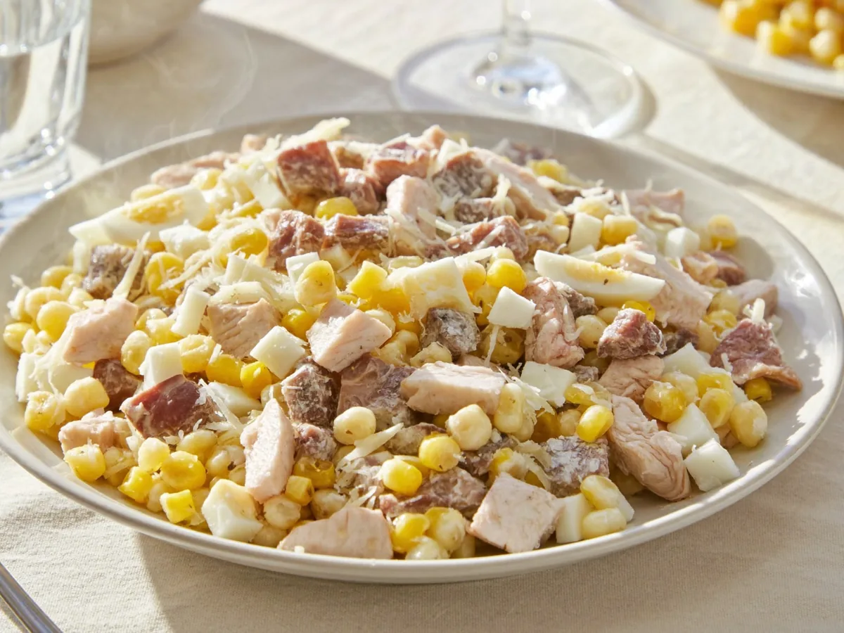 Салат с блинами из крахмала и курицей