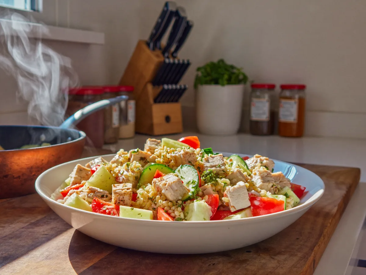 Салат с булгуром и куриной печенью