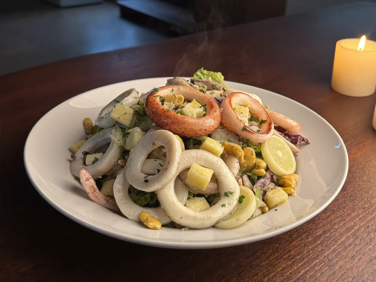 Салат с грибами, кальмарами и сыром