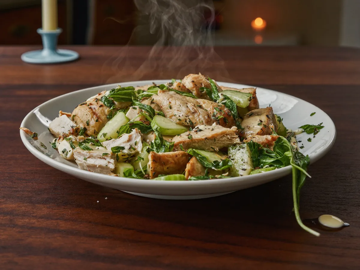 Салат с копченой курицей, огурцом и шпинатом