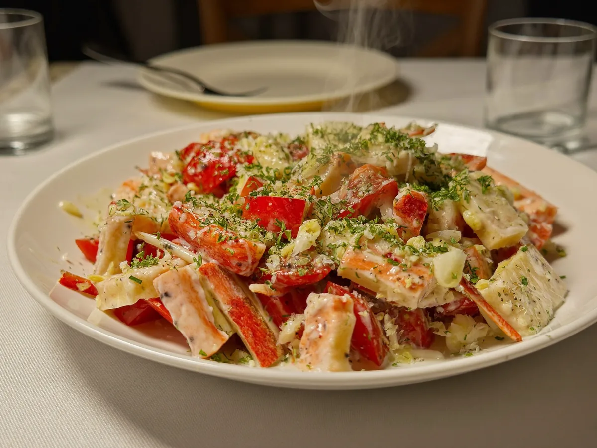 Салат с крабовыми палочками, помидорами и сыром