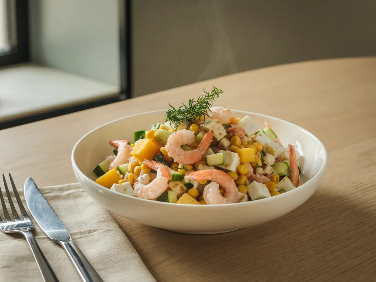 Салат с креветками, кукурузой и сыром