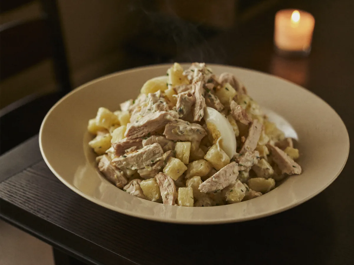 Салат с курицей и ананасом слоями