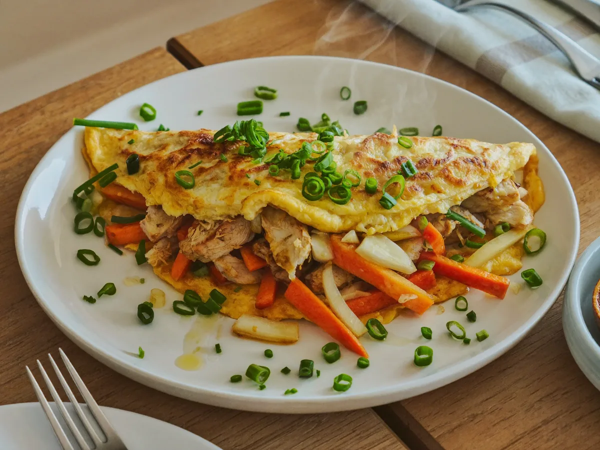 Салат с курицей и лапшой из омлета