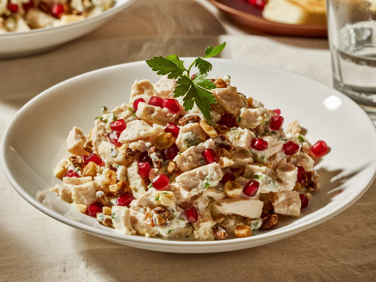 Салат с куриным филе, мацони, гранатами и грецкими орехами