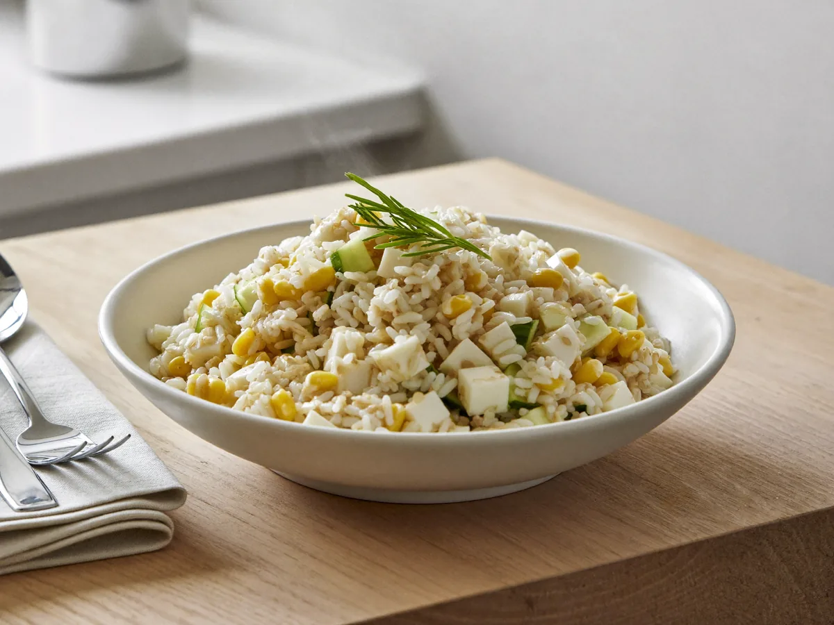Салат с мясом криля и огурцами и кукурузой и твердым сыром