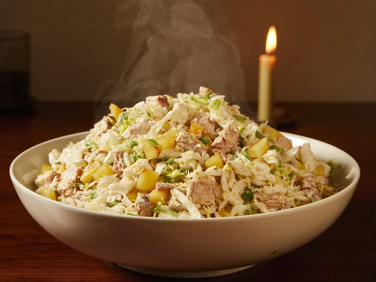 Салат с пекинской капустой, курицей и ананасом