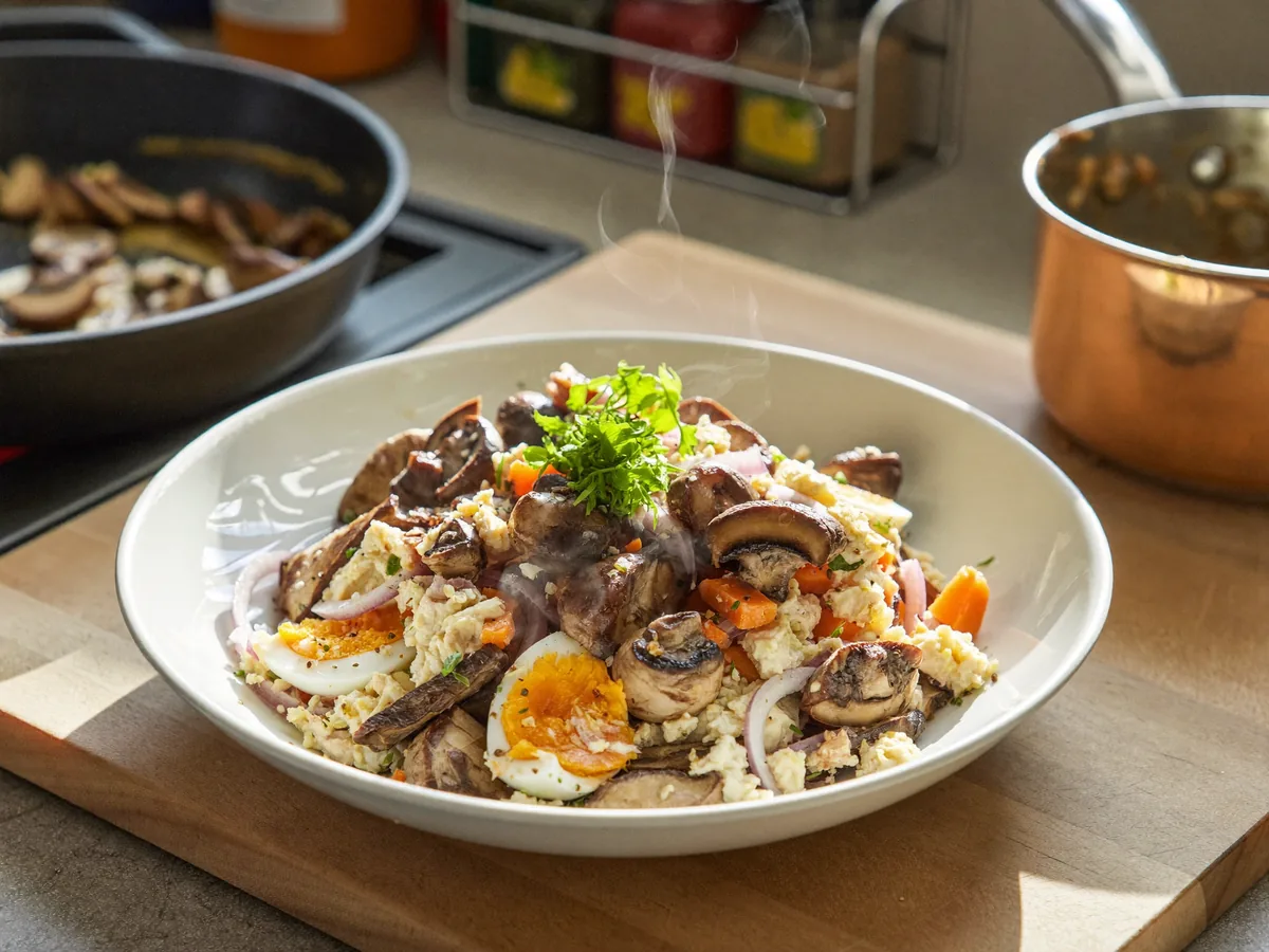 Салат с жареными грибами морковью и луком