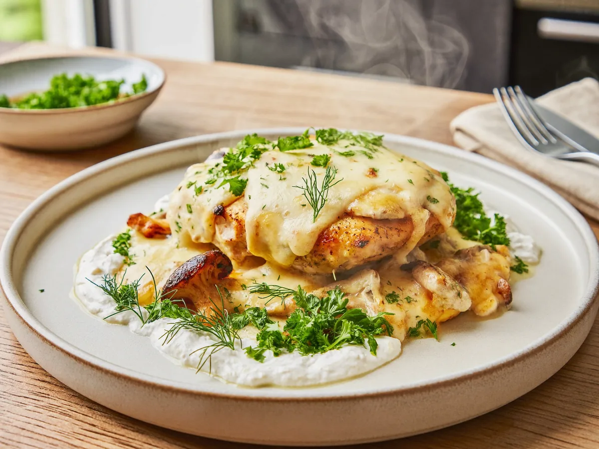 Шампиньоны, фаршированные курицей и сыром