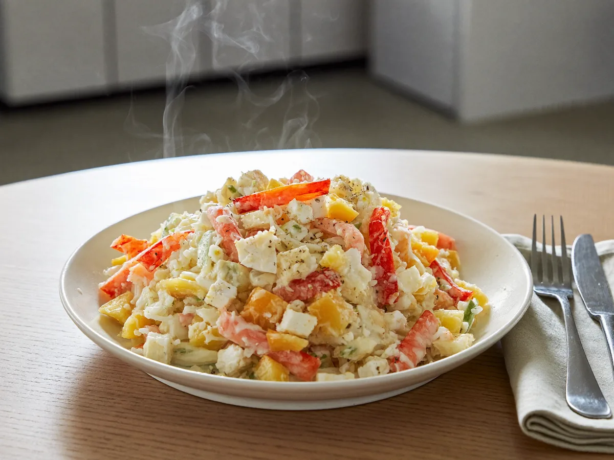 Слоеный салат с крабовыми палочками и ананасами