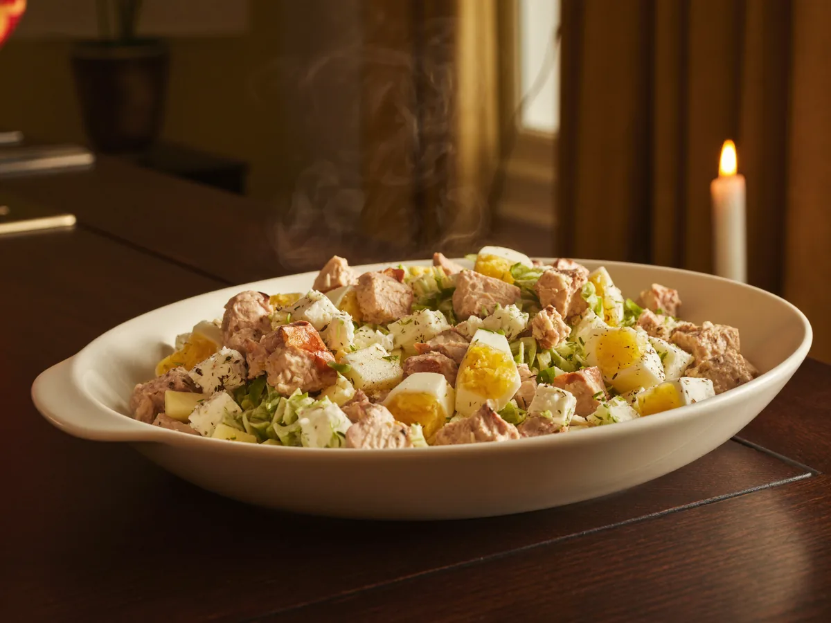 Слоеный салат с курицей, киви и яблоками