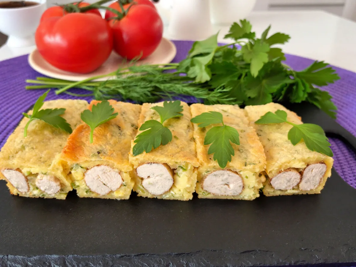 Сырно-яичный рулет с куриным фаршем