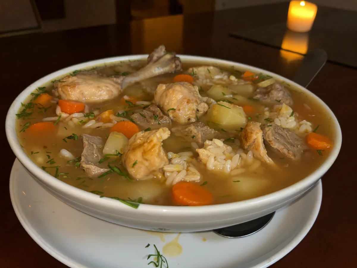 Томатный суп с курицей и рисом