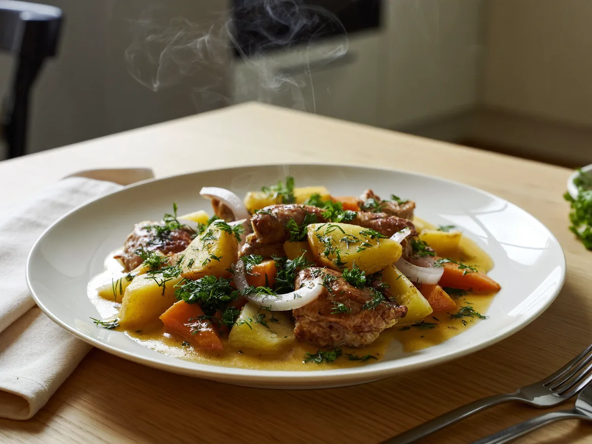 Тушеная картошка с курицей в сковороде