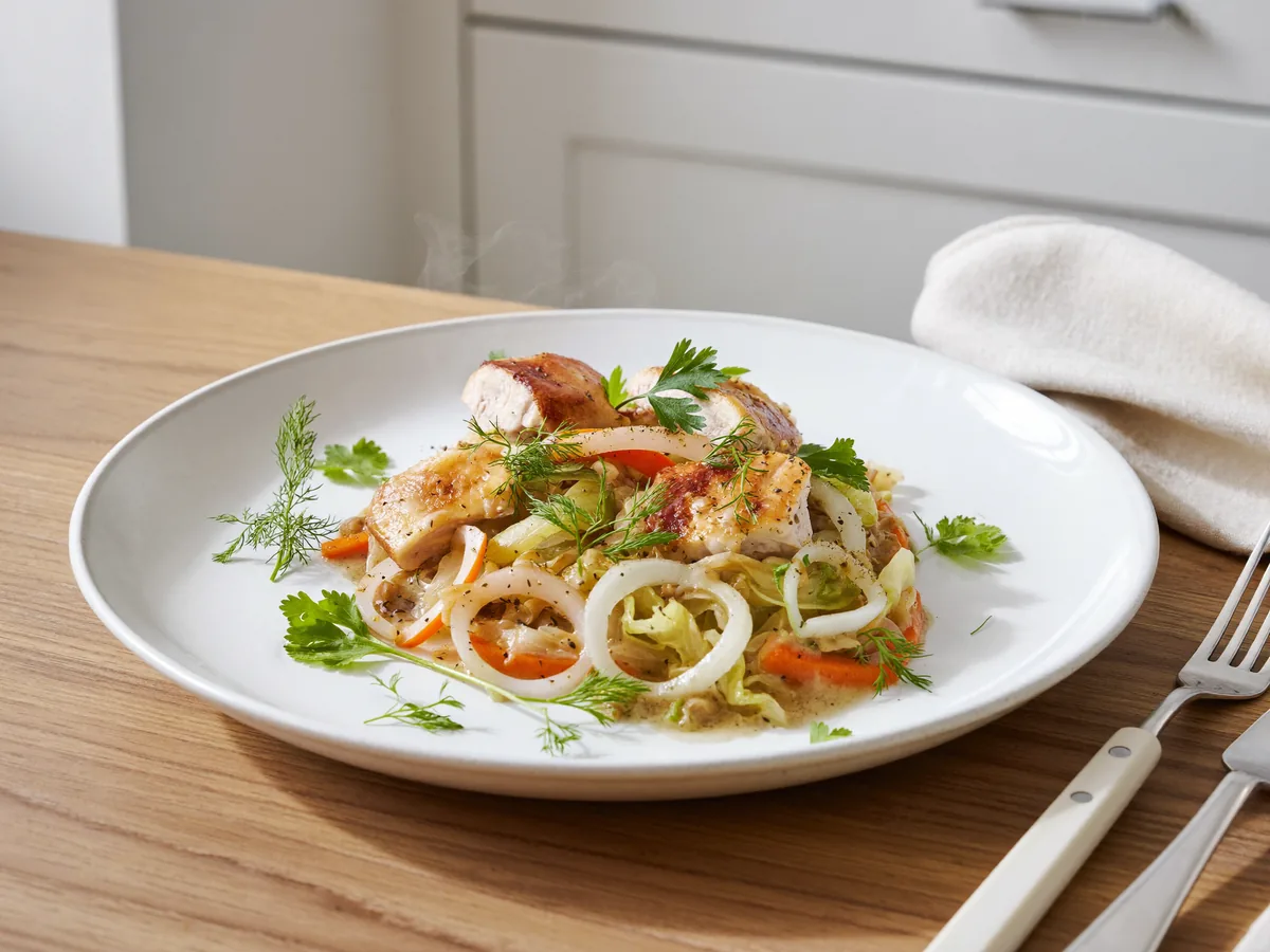Тушеная куриная грудка с капустой на сковороде