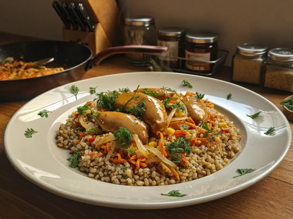 Тушеная куриная печень с гречкой на сковороде