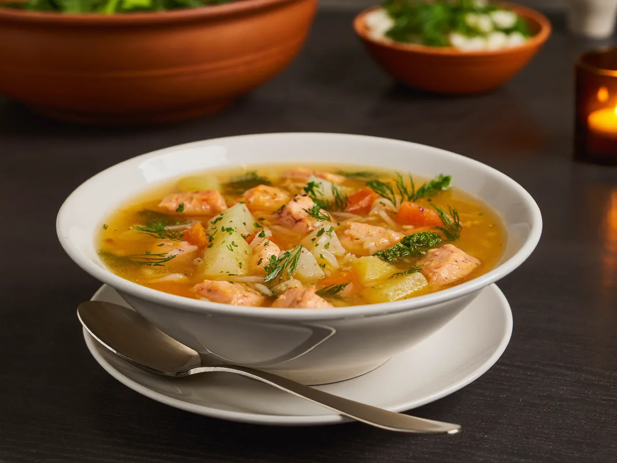 Уха из горбуши с картошкой и рисом