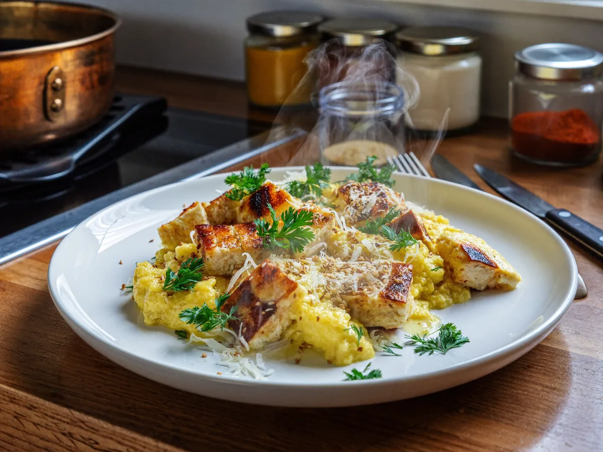 Яичница с кунжутом и сыром на сковороде