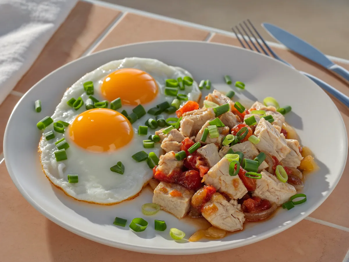 Яичница с курицей и помидорами