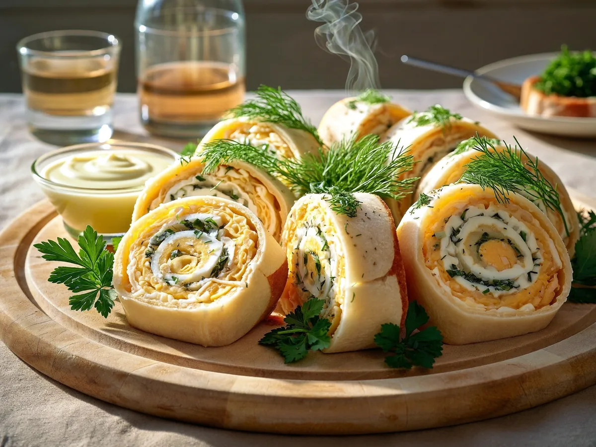Яичный рулет с сыром и чесноком