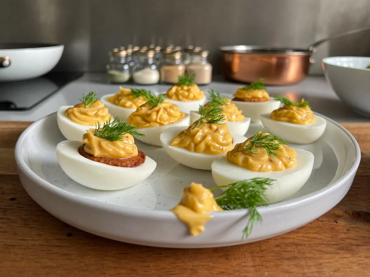 Яйца фаршированные колбасой и сыром