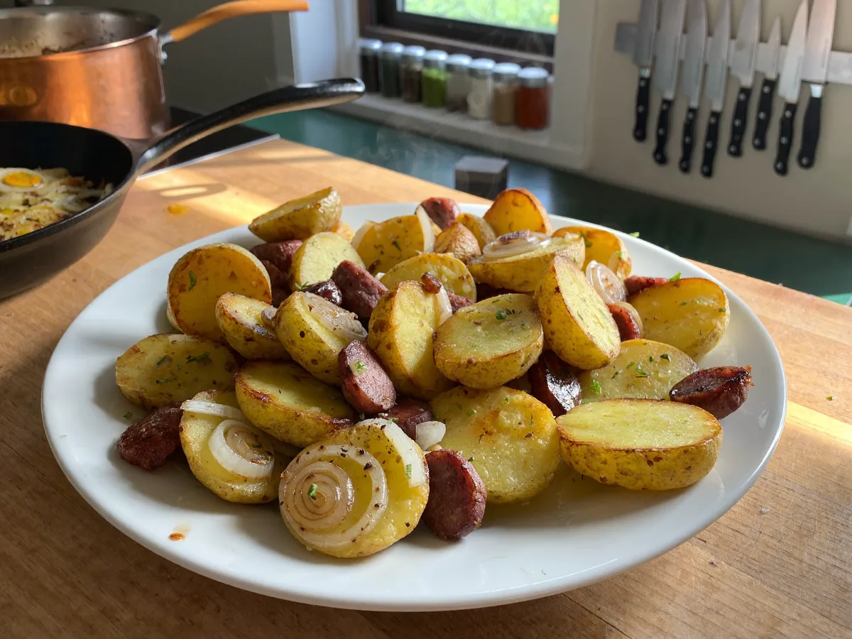 Жареная картошка с сосисками на сковороде
