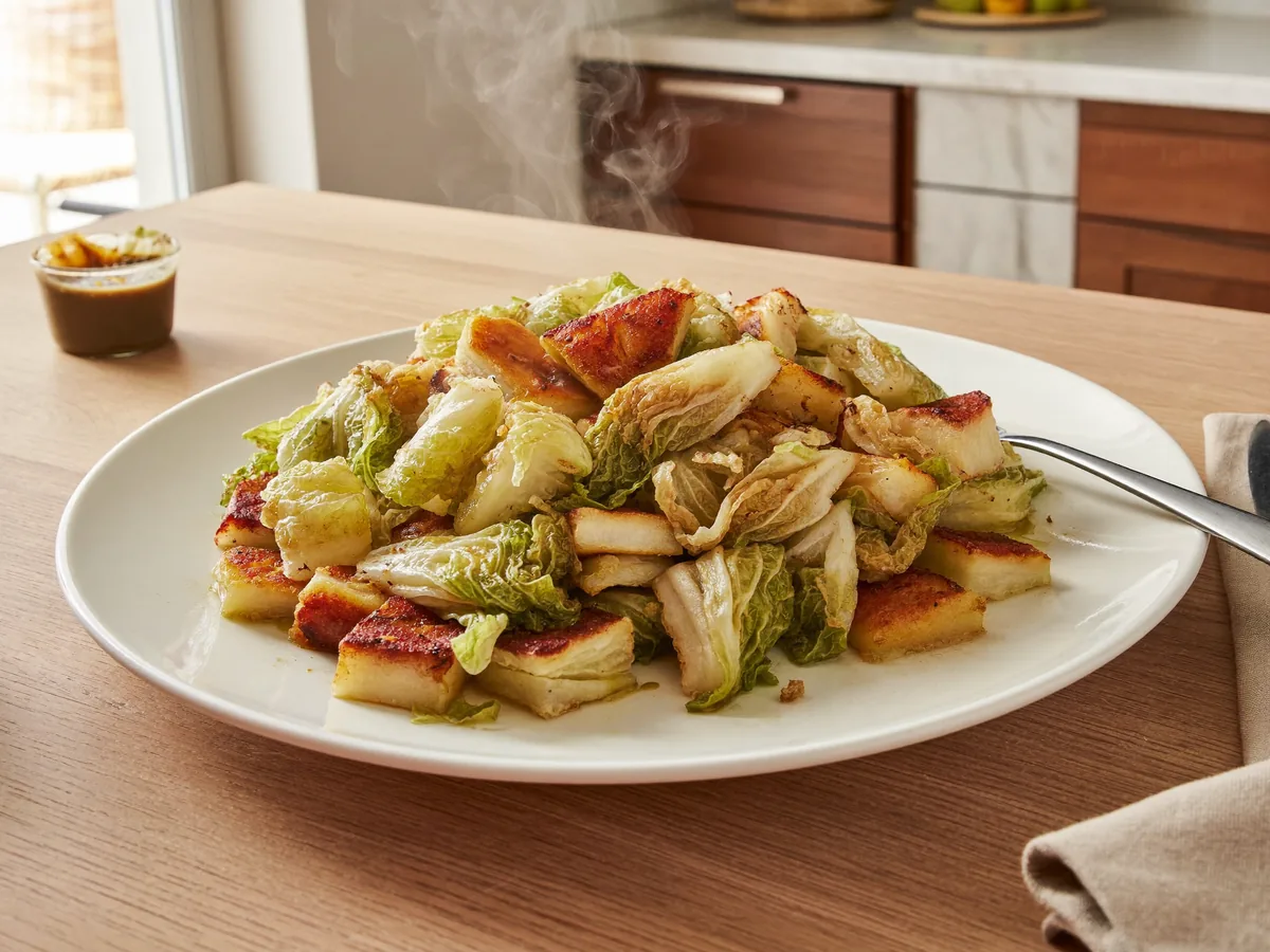 Жареная молодая капуста с яйцом и сыром