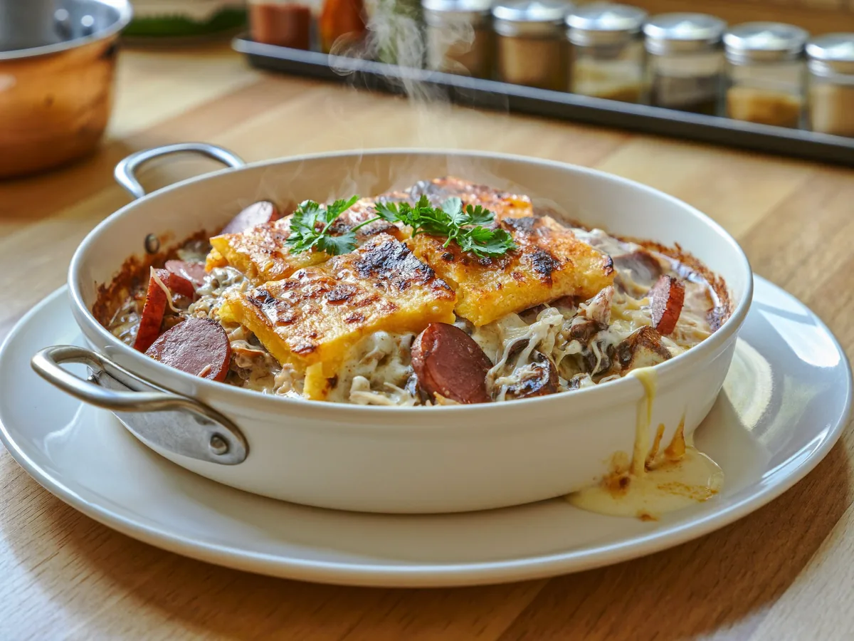 Жульен с колбасой и грибами
